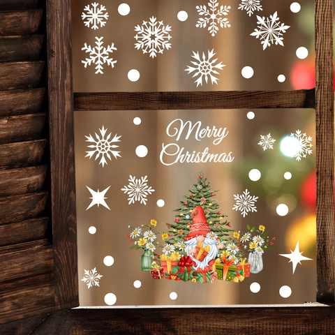 Weihnachten Fensterbilder Statisch Haftend PVC Aufkleber Zwerg Weihnachtsbaum Schneeflocke Muster Wiederverwendbare Glasdeko Für Party Haus Büro