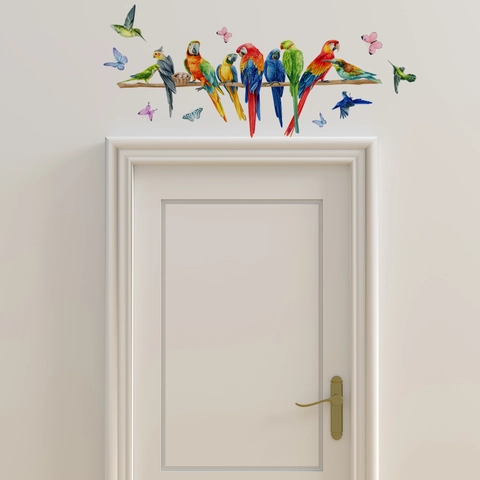 Bunte Papagei Vögel Auf Ast Wandaufkleber Aquarell Schmetterling PVC Selbstklebende Wandtattoos Wohnzimmer Dekor