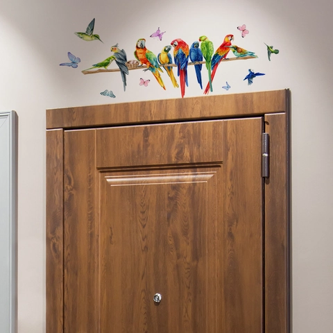 Bunte Papagei Vögel Auf Ast Wandaufkleber Aquarell Schmetterling PVC Selbstklebende Wandtattoos Wohnzimmer Dekor