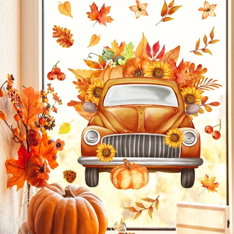 Autumn Thanksgiving Window Stickers Vintage Truck Pumpkin Sunflower Maple Leaves PVC Watercolor Hand Painted Wall Decals