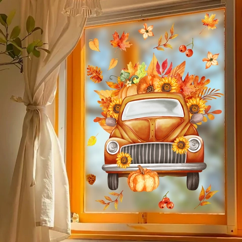 Autumn Thanksgiving Window Stickers Vintage Truck Pumpkin Sunflower Maple Leaves PVC Watercolor Hand Painted Wall Decals