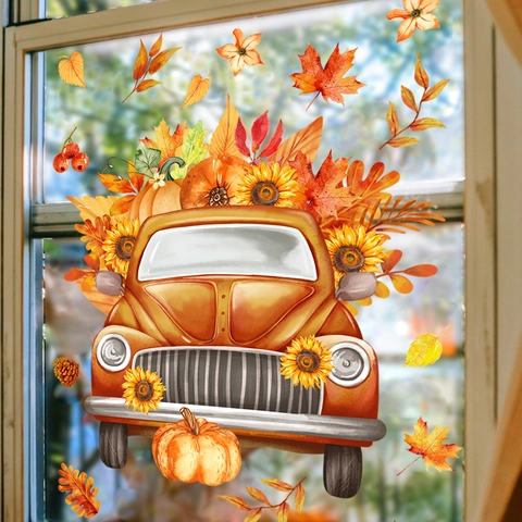Watercolor Autumn Harvest Pumpkin Truck Wall Stickers PVC Sunflower Maple Leaf Window Decals For Thanksgiving Home Decoration