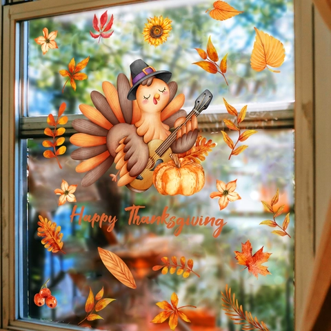 Thanksgiving Window Clings Cartoon Turkey Playing Guitar Pumpkin Maple Leaf Autumn Fall Static Stickers PVC Decals Decor