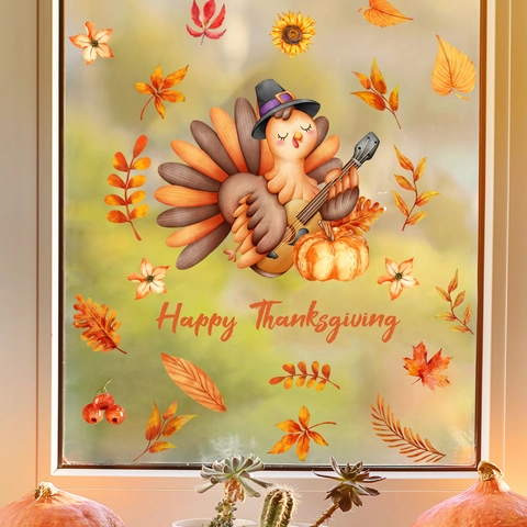 Thanksgiving Window Clings Cartoon Turkey Playing Guitar Pumpkin Maple Leaf Autumn Fall Static Stickers PVC Decals Decor