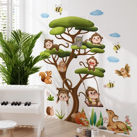 Cartoon Waldtiere Baum Wandtattoo PVC Aufkleber Kinderzimmer Deko Affe Hirsch Eule Pilz Wolken Lustig