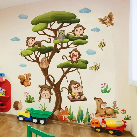 Cartoon Waldtiere Baum Wandtattoo PVC Aufkleber Kinderzimmer Deko Affe Hirsch Eule Pilz Wolken Lustig