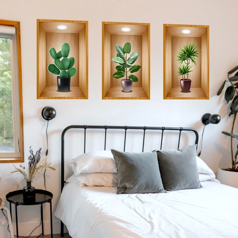 3D Visivo Adesivi Murali Nordico Piante Verdi in Vaso Nicchia Murale PVC Autoadesivo Arte Decalcomanie Moderno Arredamento