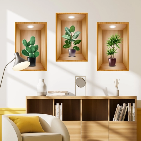 3D Visivo Adesivi Murali Nordico Piante Verdi in Vaso Nicchia Murale PVC Autoadesivo Arte Decalcomanie Moderno Arredamento