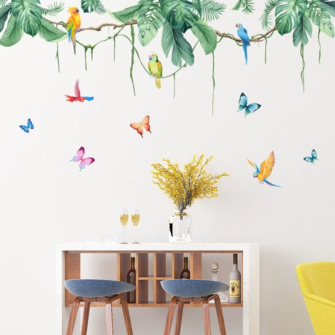 Tropical Rain Forest Parrot Green Leaf Wall Decals PVC Watercolor Butterfly Wall Stickers For Living Room Bedroom Home Decor