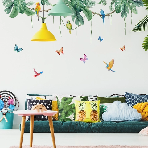 Tropical Rain Forest Parrot Green Leaf Wall Decals PVC Watercolor Butterfly Wall Stickers For Living Room Bedroom Home Decor