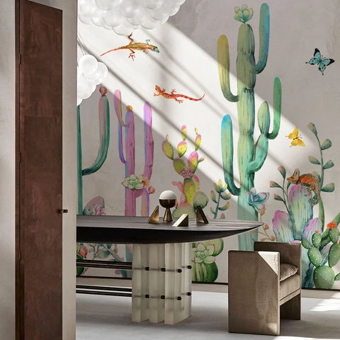Watercolor Cactus Wall Stickers PVC Butterfly Gecko Decals For Living Room Bedroom Background Wall Decoration