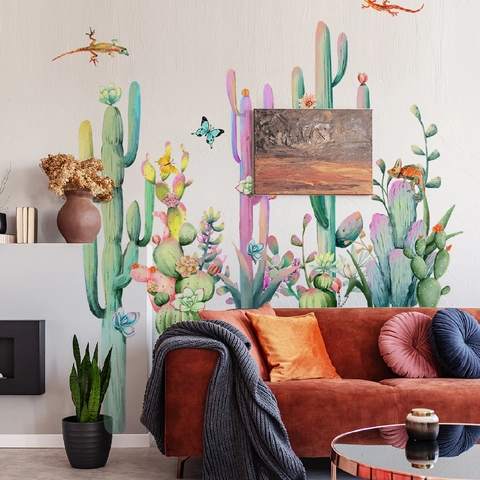 Watercolor Cactus Wall Stickers PVC Butterfly Gecko Decals For Living Room Bedroom Background Wall Decoration