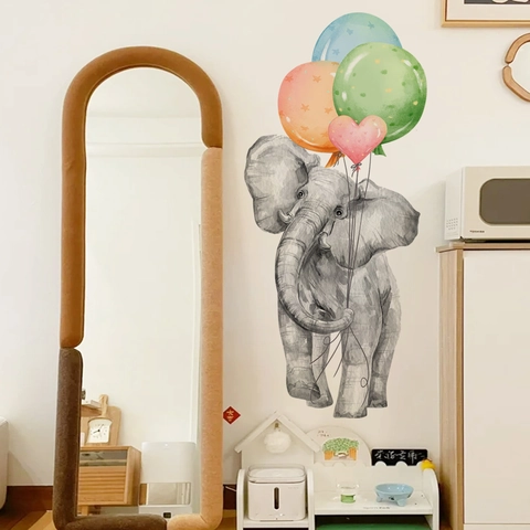 Sticker Mural Éléphant Dessin Animé Aquarelle Avec Ballons PVC Autocollant Décoration Pour Chambre D'Enfant Mignon