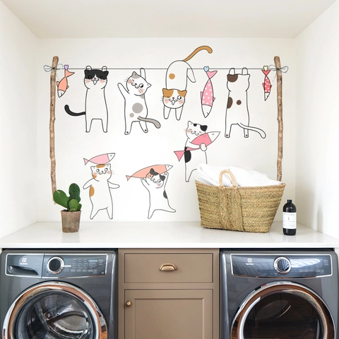 Cute Cartoon Cat And Fish Wall Stickers Waterproof PVC Self-Adhesive Decals For Laundry Room Bedroom DIY Home Decor