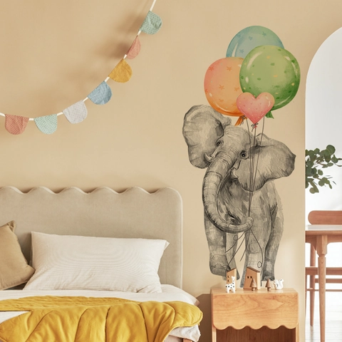 Sticker Mural Éléphant Dessin Animé Aquarelle Avec Ballons PVC Autocollant Décoration Pour Chambre D'Enfant Mignon