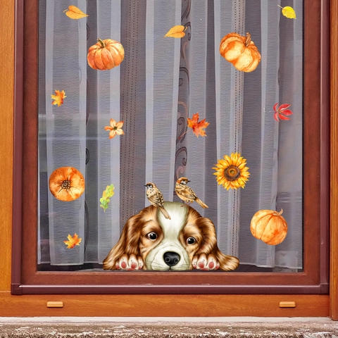Autumn Window Cling Thanksgiving Decoration Pumpkin Maple Leaf Sunflower Dog Static Sticker For Glass Home Wall Decor