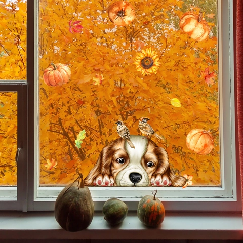 Autumn Window Cling Thanksgiving Decoration Pumpkin Maple Leaf Sunflower Dog Static Sticker For Glass Home Wall Decor