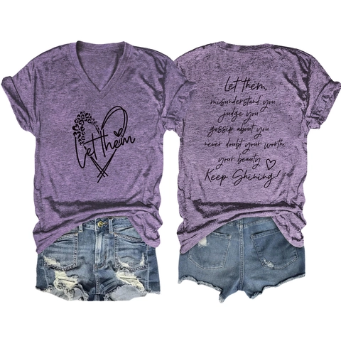 Women Inspirational Letter Print T-Shirt V Neck Short Sleeve Casual Cotton Blend Let Them Misunderstand You Summer Top