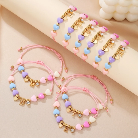 Cute Adjustable Handcrafted Beaded Heart Bracelet With Alloy Letter Pendant Macaron Color Rhinestone Jewelry For Kids Women