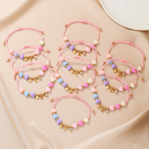 Cute Adjustable Handcrafted Beaded Heart Bracelet With Alloy Letter Pendant Macaron Color Rhinestone Jewelry For Kids Women