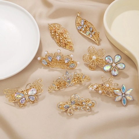 Mollette Per Capelli In Lega Di Strass Con Künstliche Perle Sintetiche Farfalla Corona Fiore Foglia Elegante Per Donne