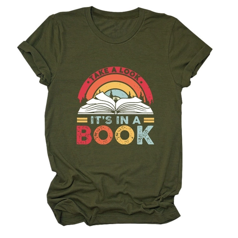 Women Casual Short Sleeve T-Shirt Cotton Blend Round Neck Retro Rainbow Book Print Loose Fit Vintage Style Graphic Tee