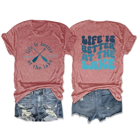 Women Cotton Blend Print T-Shirt And Ripped Denim Shorts Life Is Better At The Lake Round Neck Summer Streetwear Outfit