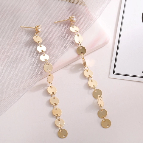 Long Drop Tassel Earrings 925 Sterling Silver Earring Post Copper Zircon Round Metal Sequin Elegant Korean Style Women