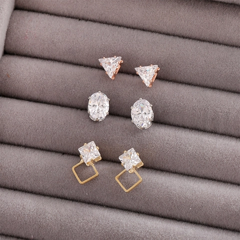 Set Orecchini A Lobo In Zircone Geometrici Triangolo Ovale Quadrato Gioielli In Rame Con Perno In Argento 925