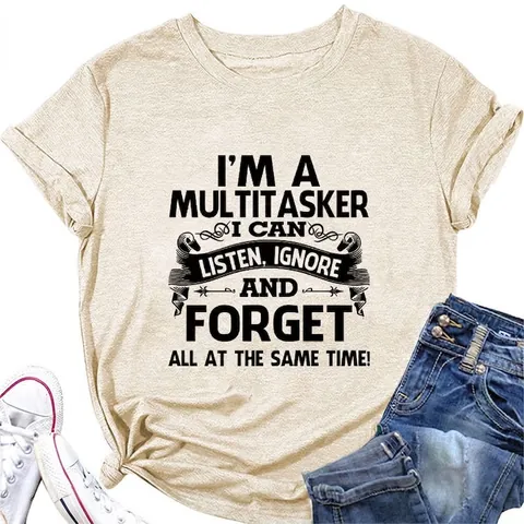 Women Casual Cotton Blend Crew Neck Short Sleeve T-Shirt With Multitasker Slogan Printed Loose Summer Graphic Tee Top