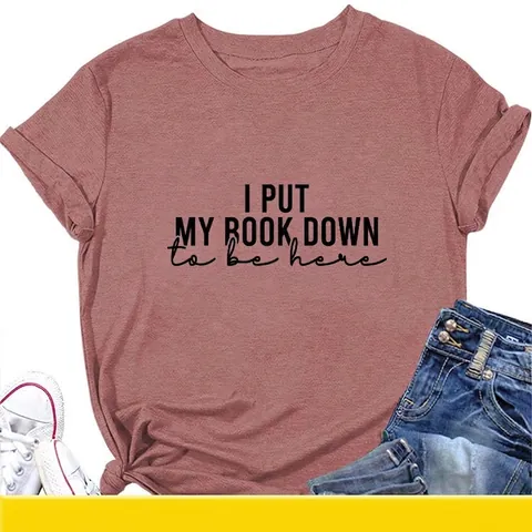 Damen Casual Baumwollmischung Rundhals T-Shirt Slogan Druck Kurzarm Locker Bequem Pullover Streetwear Sommer Top