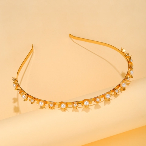 Cerchietto Sottile In Lega Dorata Elegante Con Decorazione Di Fiori Di Künstliche Perle Retro Francese Per Donne