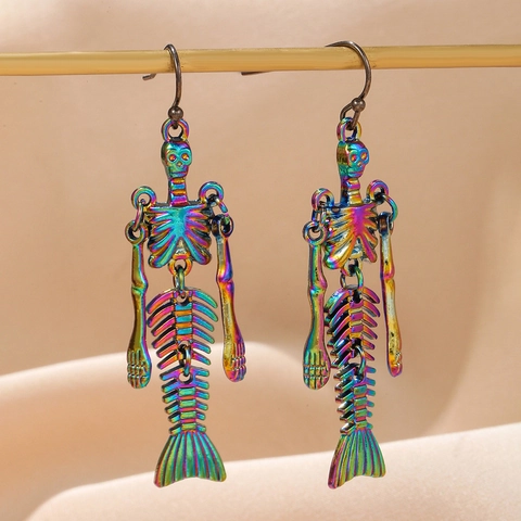 Rainbow Mermaid Skeleton Dangle Earrings Alloy Fish Bone Gothic Dark Halloween Jewelry For Women Girls Novelty Funky