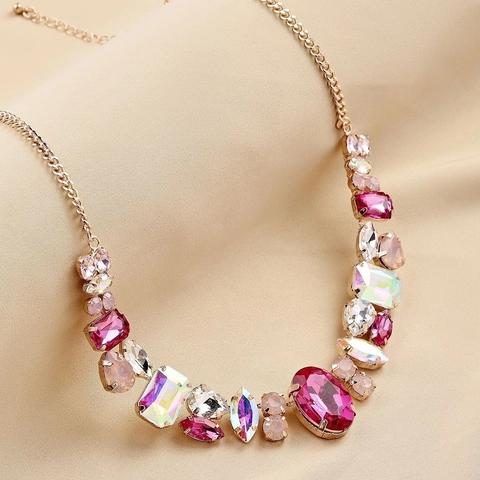 Women Exaggerated Geometric Alloy Statement Necklace With Colorful Rhinestone Gems Shiny Big Pendant Jewelry For Party