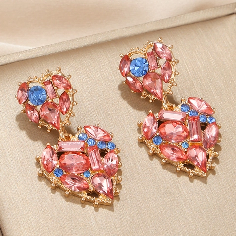 Luxury Heart Flower Drop Earrings Alloy Rhinestone Multi Shape Gemstone Geometric Dangle Bohemian Jewelry For Women