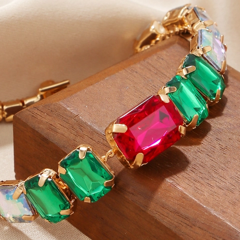 Bracelet en Alliage Plaqué Or Vintage Femme Taille en Degrés Pierres Gemmes Multicolores Strass Bijoux Mode Chaîne de Main