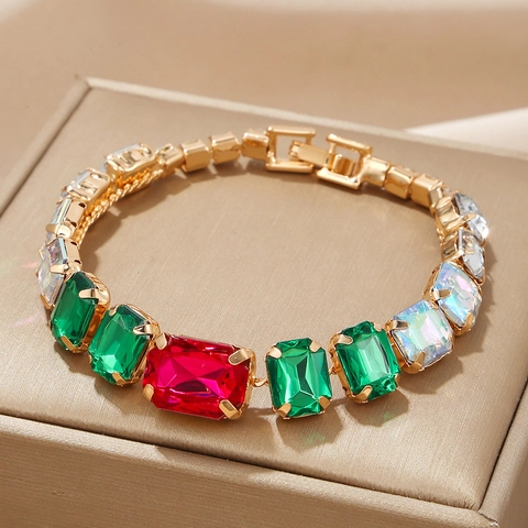 Bracelet en Alliage Plaqué Or Vintage Femme Taille en Degrés Pierres Gemmes Multicolores Strass Bijoux Mode Chaîne de Main
