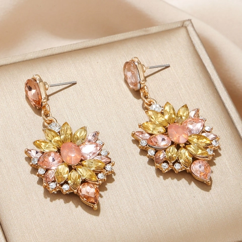 Luxury Heart Flower Drop Earrings Alloy Rhinestone Multi Shape Gemstone Geometric Dangle Bohemian Jewelry For Women