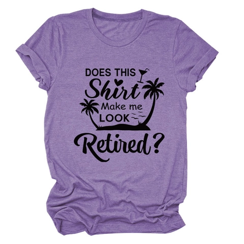 T-Shirt Décontracté en Mélange de Coton pour Femmes Col Rond Manches Courtes Imprimé Tropical Slogan Retired Été Top Large