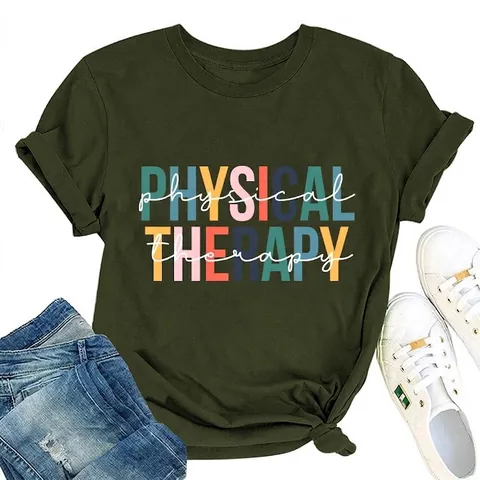 Physical Therapy Printed T-Shirt Women Casual Cotton Blend Short Sleeve Round Neck Loose Fit Mid Length Streetwear Top