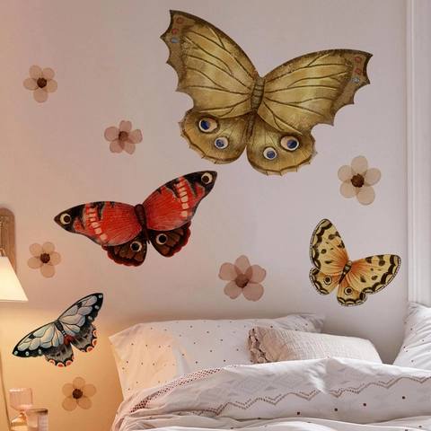 Stickers Muraux Papillon et Fleur Style Bohême Imperméable Sans Colle Amovible Décoration de Mur pour Maison Chambre