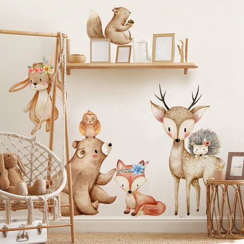 Stickers Muraux Animaux de la Forêt Aquarelle PVC Cerf Ours Lapin Renard Décoration Chambre Enfant Murale Style Nordique