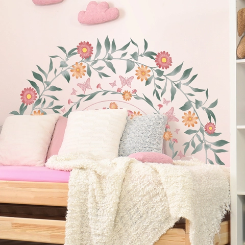Pink Floral Mandala Wall Sticker Butterfly Arch PVC Self Adhesive Removable Decal For Living Room Bedroom Bedside Decor