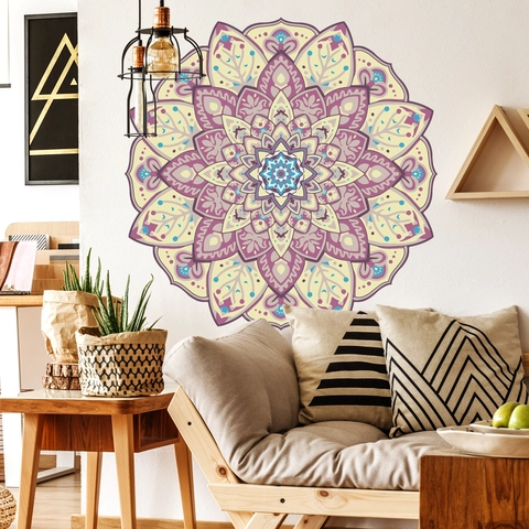 Grand Autocollant Mural Mandala Papier Sans PVC Amovible Style Ethnique Bohème Motif Géométrique Pour Salon Chambre