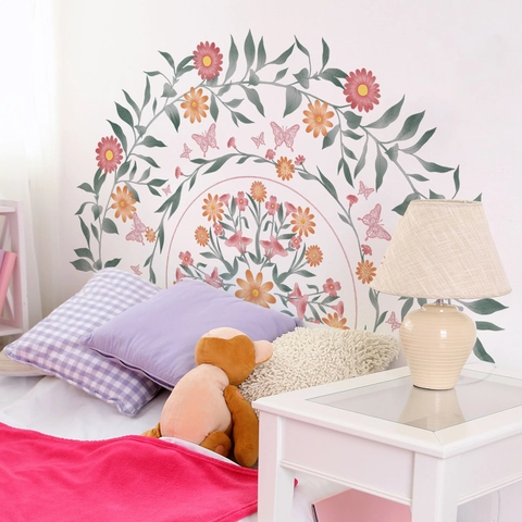 Pink Floral Mandala Wall Sticker Butterfly Arch PVC Self Adhesive Removable Decal For Living Room Bedroom Bedside Decor