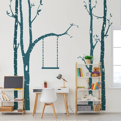 Nordischer Stil Birke Wald Schaukel Wandtattoo DIY Große PVC Silhouette Aufkleber Für Kinderzimmer Schlafzimmer Wandkunst Dekor