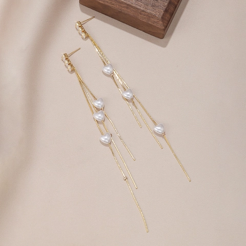 Orecchini Pendenti Con Nappa In Lega E Strass Con Ciondolo Geometrico A Cuore In Perla Artificial Sintetica Per Donna