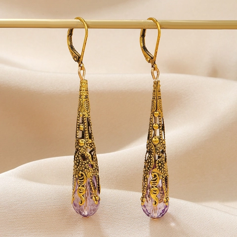 Vintage Hollow Alloy Water Drop Gemstone Earrings For Women Palace Style Luxurious Crystal Pendant Earrings Jewelry Gift