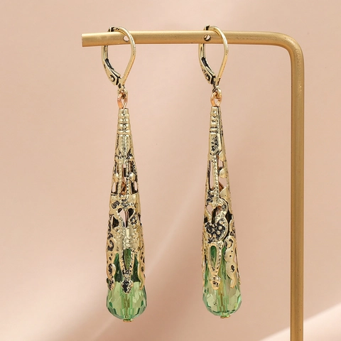 Vintage Hollow Alloy Water Drop Gemstone Earrings For Women Palace Style Luxurious Crystal Pendant Earrings Jewelry Gift