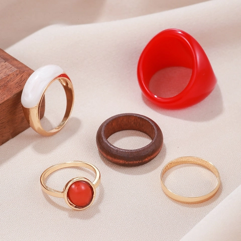 Vintage Geometric Ring Set For Women Alloy Gold Plated Red Resin Agate Look White Marble Pattern Finger Rings Fashion Jewelry
